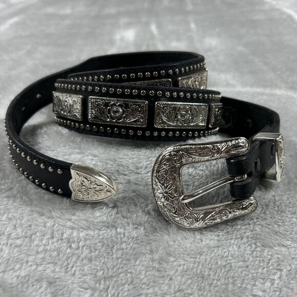 Nocona Belt Size 44 Black Silver Tone Concho's Vintage Leather Western Rodeo - Picture 3 of 8